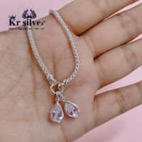 Kr silver | สร้อยข้อมือเงินแท้ ลายดอกโปร่งห้อยจี้พลอยสีรูปหยดน้ำคู่ ขนาดสร้อย 2.8 มิล ยาว 5-5.5 นิ้ว 6 นิ้ว 6.5 นิ้ว 7 นิ้ว 7.5 นิ้ว 8 นิ้ว