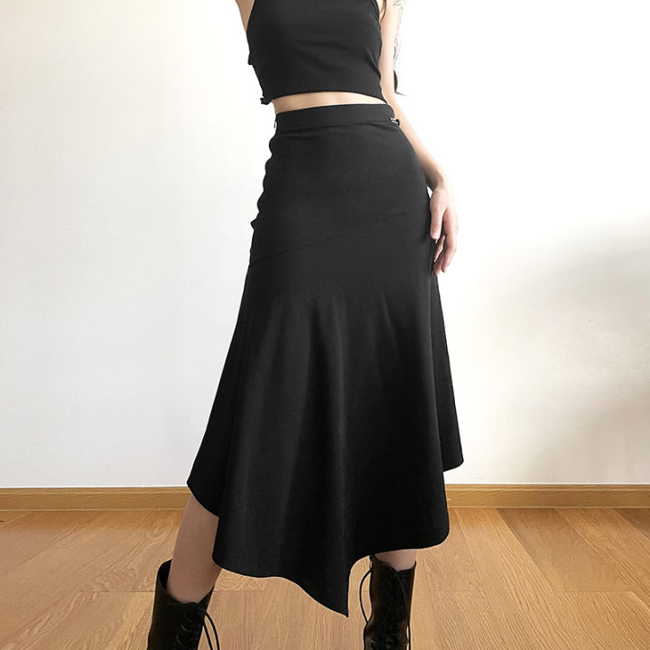 Cutenew Fashion Street Cool Black High Waist Irregular Design Slim Midi  A-Line Skirts Casual Simple Plain Dress Women | Lazada Ph