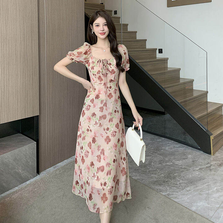 Impression Fashion Women Elegant Retro Floral Square Collar Short Puff  Sleeve Tunic High Waist A-line Long Dress | Lazada Singapore