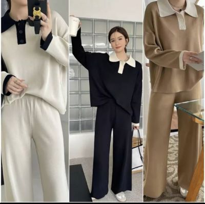 Premium Knitted Polo สวยแบบไฮ ชุดเซทผ้านิตติ้ง เสื้อคอปกแขนยาว+กางเกงไหมพรมขาว ชุดเซ็ต ชุดเซทขึ้นเครื่อง เรียบหรูดูดี