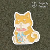 ʕ •ᴥ•ʔ ✿ พร้อมส่ง : เข็มกลัดลายหมาชิบะดื่มชานมไข่มุก | Shiba Inu Dog Enjoy Eating With Bubble Milk Tea Enamel Brooch Pin