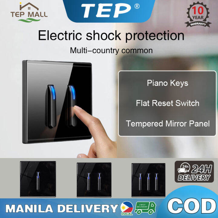TEP Modern Wall Switch Light Piano Key Switch Black Tempered Glass Panel 86 Type Concealed Wall