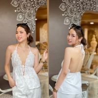 Summer lace top เสื้อสายเดี่ยวสไตล์คล้องคอ ผ้าลุกไม้ลายฉลุสุดคิ้วท์ ดีเทลผูกเชือกหน้าเก๋ๆ