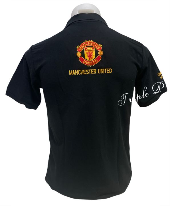 เสื้อเชิ้ตแขนสั้น-เสื้อโปโล-เสื้อคอปก-สีดำ-งานปักโลโก้-man-u-ไซส์-s-m-l