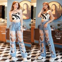 (NO.1009) JEANS DENIM กางเกงยีนส์ขากระบอกเอวสูงแต่งขาดเซอร์สียีนส์ซีด มีไซล์ใหญ่สำหรับสาวอวบPLUSSIZE