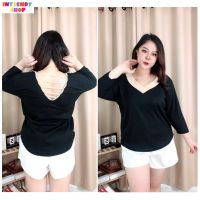 พร้อมส่ง.เสื้อยืดสาวอวบแขนสามส่วน เปิดหลัง เสื้อยืดแฟชั่น Free size: 46 - 52 นิ้ว.