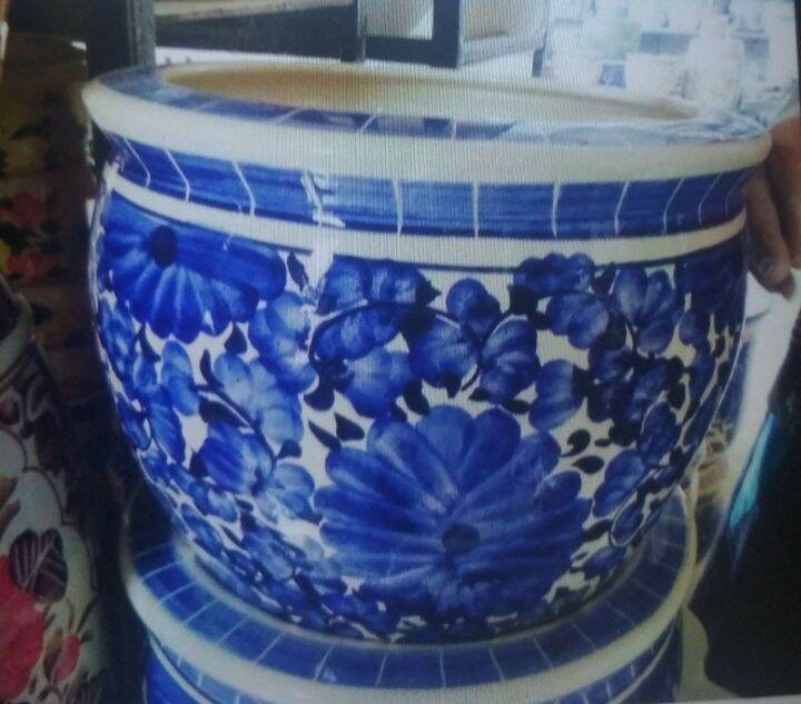 Pot keramik motif biru putih Diameter 30cm Tinggi 28cm full glasur luar