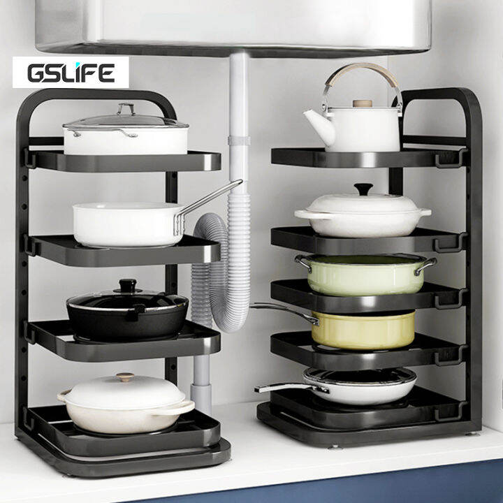GSlife Under Sink Adjustable Pots & Pans Rack Kitchen Countertop