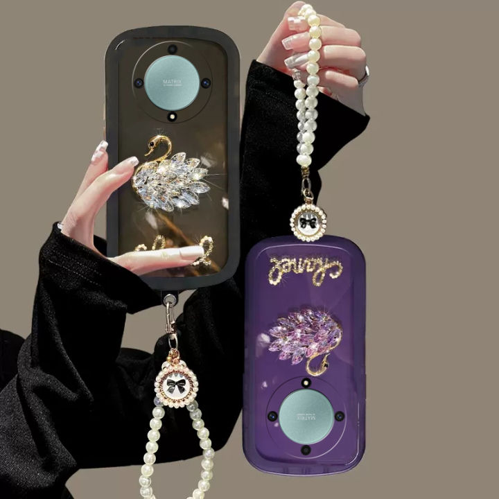 Transparent Phone Case With Rhinestone Decoration And Lanyard