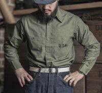 เสื้อเชิ้ตวินเทจ Bronson สีเขียวมะกอก ยุคสงครามโลกครั้งที่ 2 สกรีน USN