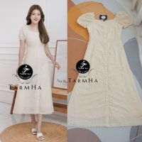 สวยละมุน!!! S-6XL Maxi Dress เดรสสีครีมผ้าฉลุลายกระดุมหน้าแขนตุ๊กตา งานป้าย Tarm Ha