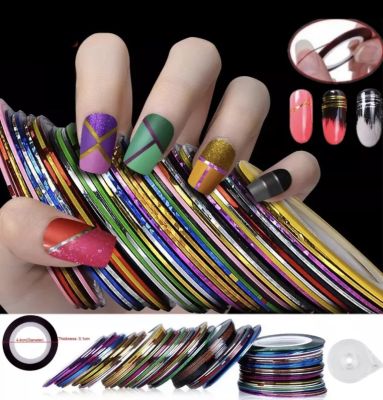 สติ๊กเกอร์ เทปเส้นเล็กๆ เทปเม้นแต่งเล็บ 10pcs/Lot Color Glitter Nail Striping Line Tape Sticker Set Nail Art Decorations DIY Tips For Polish Gel Manicure