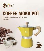 หม้อชงกาแฟ moka pot มอคค่าพอท ขนาด 3 คัพ (3 Cup 150ml) สีเหลืองด้ามจับไม้