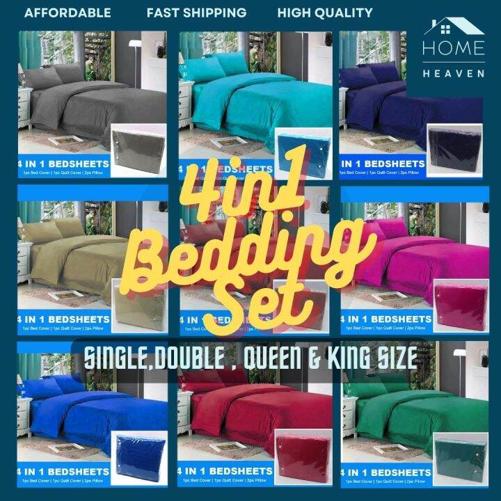 Home Heaven bed sheet 4 in 1 set Royal Blue Plain (1pc Bedsheet + Duvet