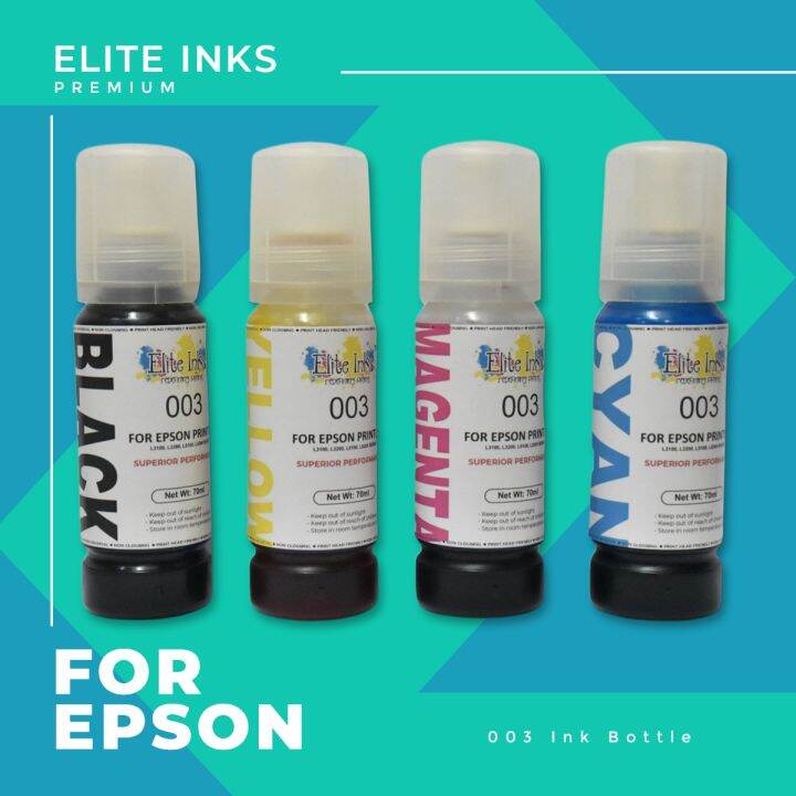 Elite Ink Epson 003 Bottle and Nozzle Black Cyan Magenta Yellow Premium