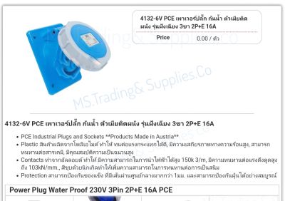 Haco 4132-6V เต้ารับแบบฝังทรงเฉียง ชนิดกันฝุ่น Flanged Sockets Sloping Position Earth Contact 6h Nickle Plated Contact เต้ารับแบบฝังทรงเฉียง ชนิดกันน้ำ16A, 230V, 3Pin (2P+E) สีฟ้า4132-6V PCE เพาเวอร์ปลั๊ก กันน้ำ ตัวเมียติดผนัง รุ่นฝังเฉียง 3ขา 2P+E 16A