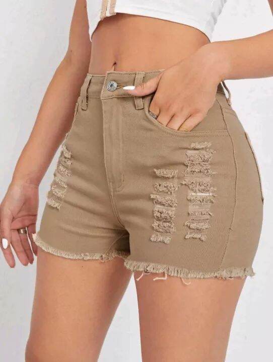 High Waits Ripped Raw Hem Denim Short Lazada Ph