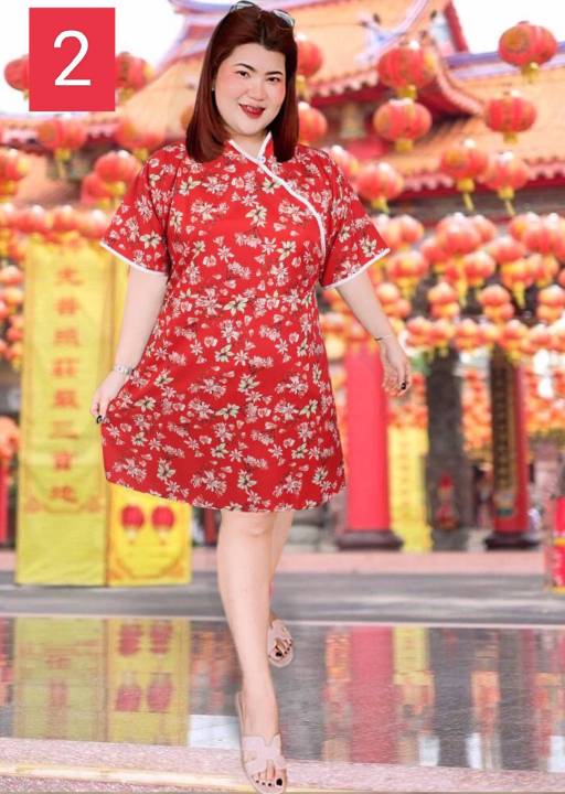 311-r-เข้าใหม่ชุดเดรสสาวอวบคอจีนสีแดง-ลายดอก-ชุดกี่เพ้าคอจีนไซส์ใหญ่