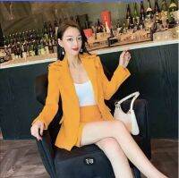 GANNIE​SHOP​ Suit ชุดหรู สูท​แขนยาวคอปก สูทกางเกงขาสั้น​ สูทผู้หญิง​แฟชั่น​ สูทสีเหลือง​ สูทสีพื้น​