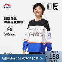 LI-NING เสื้อผ้าเด็กเสื้อทีเชิ้ตแขนยาวเสื้อผ้ากีฬาลำลองทรงหลวมใส่สบายให้ความรู้สึกเย็นซีรีส์บาสเก็ตบอลแบบใหม่2023สำหรับเด็กโตผู้ชาย