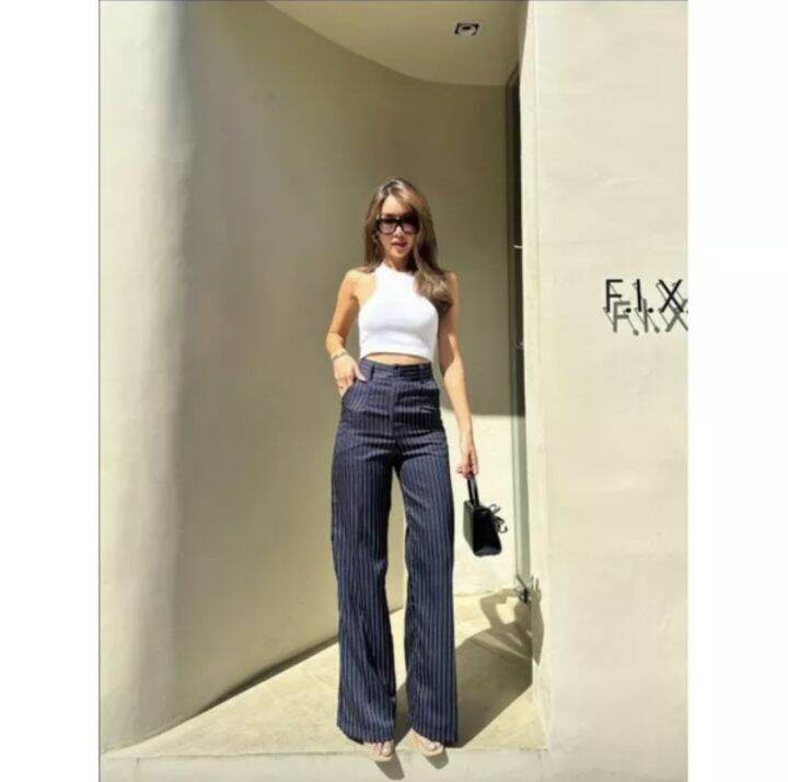 yolanda-stripe-high-waist-pantกรี๊ดดมาก-ดีไซส์ใหม่เข้า-ผ้าเดียวกัน-กางเกงเอวสูง-กางเกงขากระบอก-กางเกงแฟชั่น-กางเกงลายทาง