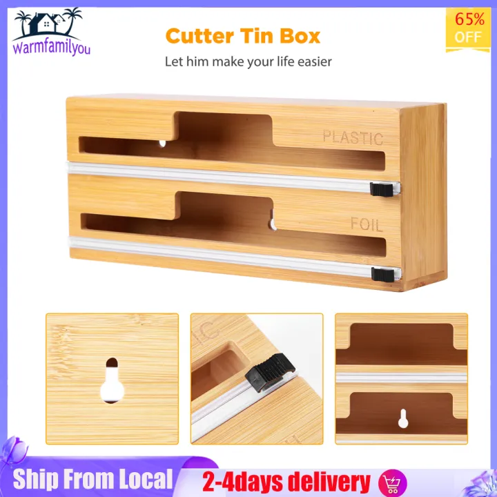 Bamboo Wood Wrap Dispenser Cutter Food Wrap Cling Film Holder Organizer Kitchen Aluminum Foil