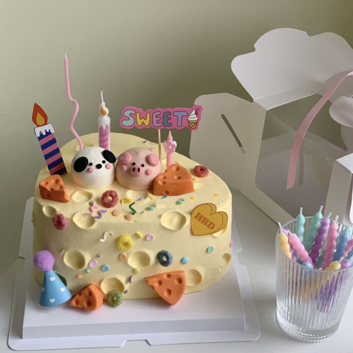 Cartoon Cute Dog Pig Head Cheese Cake Decorative Ornaments HBD Plug-in ...