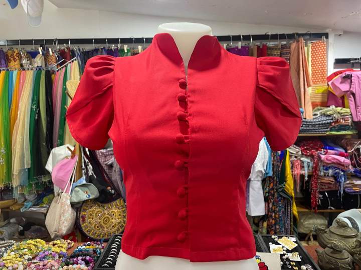 เสื้อมอญประยุกต์-คอจีน-สีแดงสด-งานจริงสีสวยมาก-สด