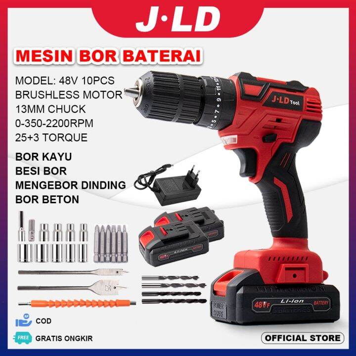 PROMO JLD Mesin Bor Baterai 48v 13mm Fullset, Bor Cordless Kayu Tembok ...