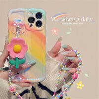 เคสโทรศัพท์มือถือมีสายคล้องข้อมือลายดอกไม้สามมิติสีรุ้งภาพสีน้ำมันแสงสีฟ้าสำหรับ iphone13promax iPhone 13เคสป้องกันซิลิโคนกันกระแทกไอเดียสร้างสรรค์มีสายคล้องสะพายข้างแบบใหม่สำหรับผู้หญิง11 14Pro 12 14PM