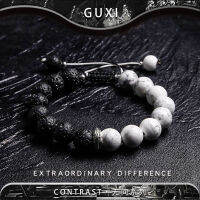 Guxi [สีดำและสีขาว] สร้อยข้อมืออาเกตสีดำสำหรับผู้ชายสร้อยข้อมือลูกปัดหินภูเขาไฟดูแพงสำหรับคนกลุ่มหนึ่งของขวัญวันเกิดสำหรับคู่รัก