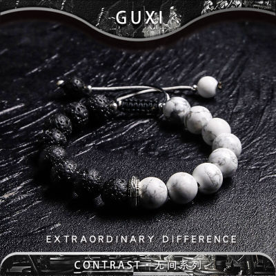 Guxi [สีดำและสีขาว] สร้อยข้อมืออาเกตสีดำสำหรับผู้ชายสร้อยข้อมือลูกปัดหินภูเขาไฟดูแพงสำหรับคนกลุ่มหนึ่งของขวัญวันเกิดสำหรับคู่รัก