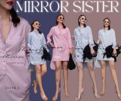 🏷Mirrorsister #20208.5 เดรสเชิ้ตคอจีนลายทางลง เดรสแขนยาว หน้าสั้นหลังยาว ใส่สบาย ชุดไปเที่ยว ชุดทำงาน