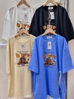 MG0131 เสื้อยืด อก50-54 Overzise ไซส์ใหญ่ ลายน้องหมี Foodie ผ่าข้างติดระบายลูกไม้ สาวอวบ