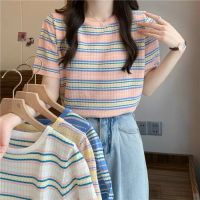 (พร้อมส่ง/ใหม่)#47212เสื้อยืดแขนสั้นผู้หญิงเสื้อไหมพรมคอกลมลายทางสไตล์เกาหลี