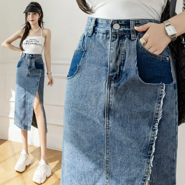 YIMEI 2022 new women's style slit denim skirt summer irregular design ...