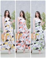 Maxi dress สายเดี่ยวลายดอกสายไขว้ด้านหลัง ผ่าแหวกระบายด้านหน้า มีโบว์เส้นเล็กผูกเอว มีซิปซ่อนด้านข้าง มีซับใน