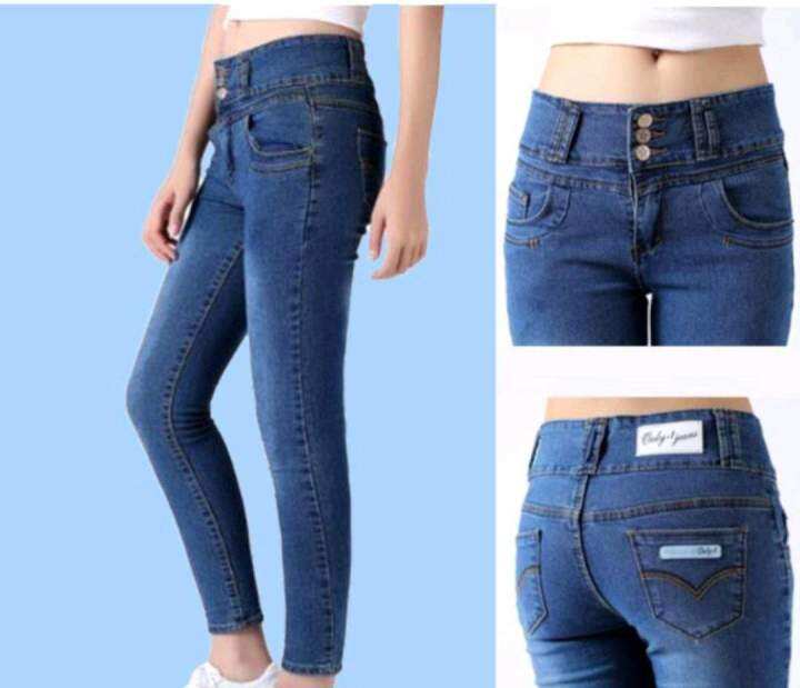 New Style High Waist 3 Button Blue Jeans Lazada PH