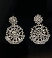 EVINCO JEWELRY RHODIUM PLATED CHAND BALI EARRINGS WHITE