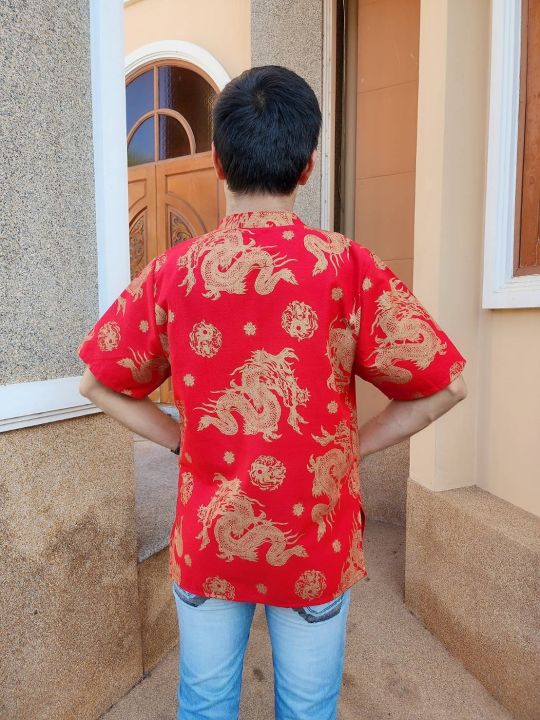 เสื้อแขนสั้นคอจีนผู้ชาย-มีไซร้42-48-เสื้อผ้าไทยของผู้ชาย-เสื้อสีแดงตรุษจีน-ตรุษจีนผู้ชาย