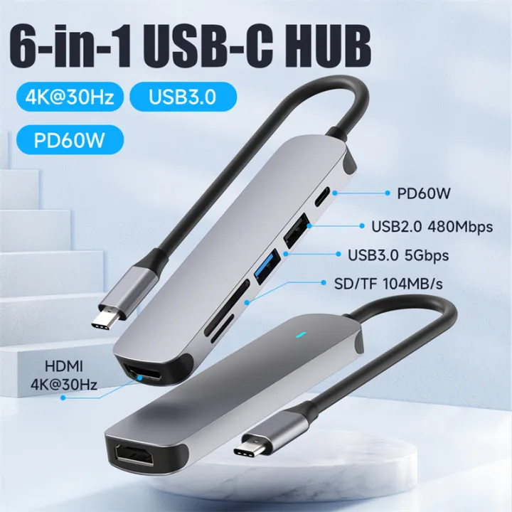 USB C Hub 4K TypeC to HDMI Adapter Aluminum 6 in 1 Universal PD 60W