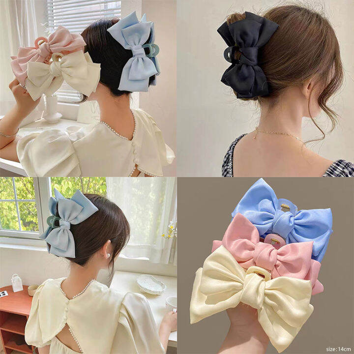 Cream Large Bow Hair Clip Claw for Women Korean Style elegant shark ...