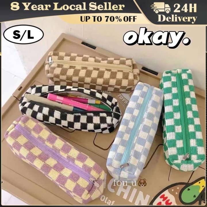 Ins Checkerboard Knitted Cosmetic Bag For Women Large-Capacity