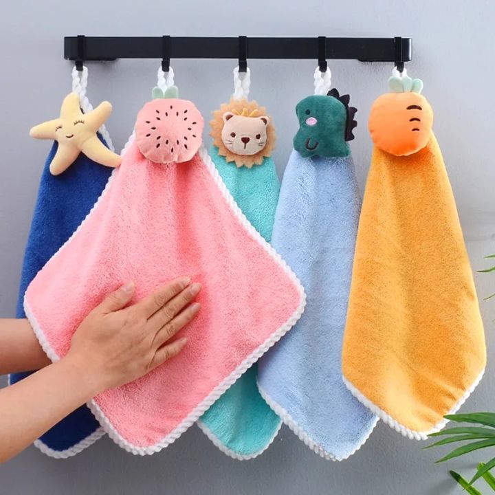 Hanging Kitchen/Bathroom/Bedroom Hand Towels,Cute Children Microfiber Coral  Fleece Hand Towel with Convenient Hanging