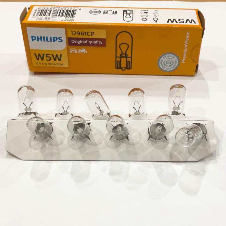 หลอดไฟหรี่-ไฟส่องป้าย-philips-5w5-t10-12v-ขั้วเสียบ-12961cp-premium-vision-1หลอด-10หลอด