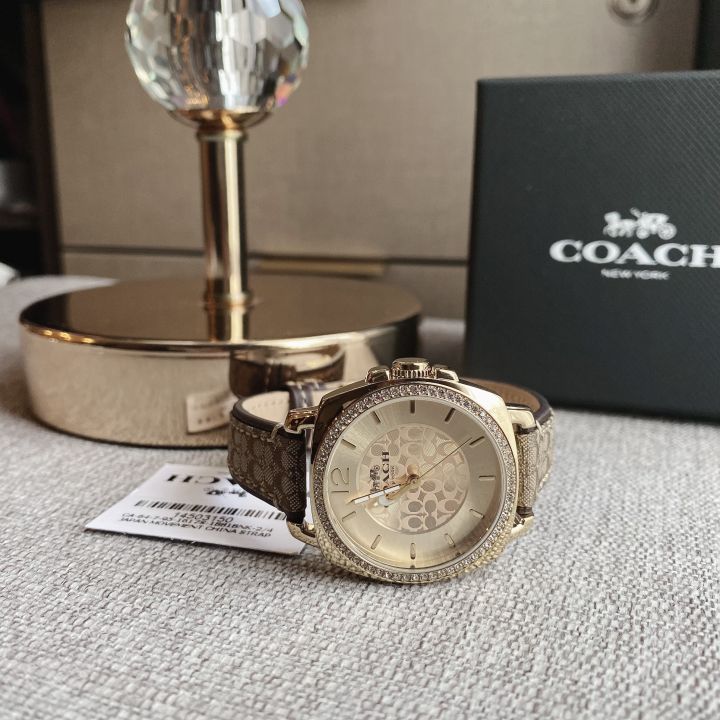 ของแท้100-นาฬิกาข้อมือสายหนังสีน้ำตาล-coach-14503150-boyfriend-gold