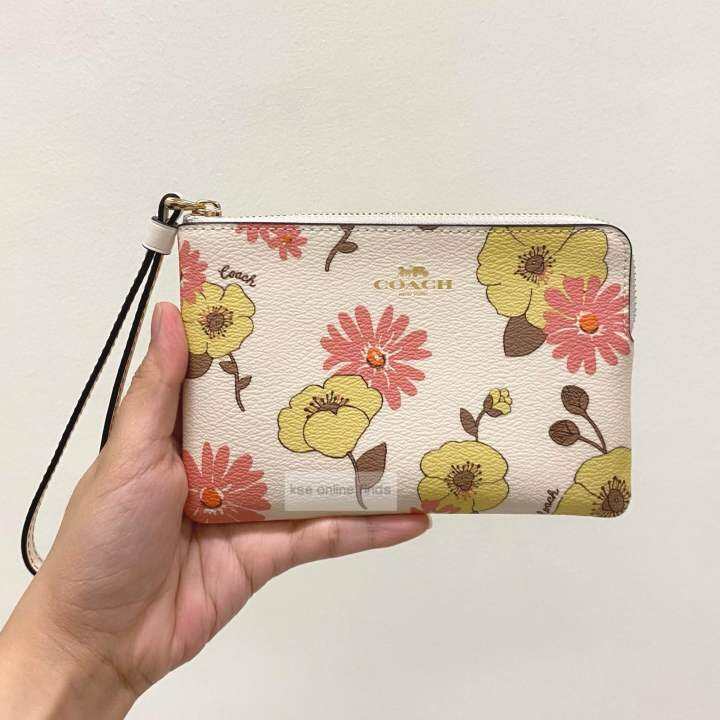 Coach Large Corner Zip Wristlet with Floral Embroidery