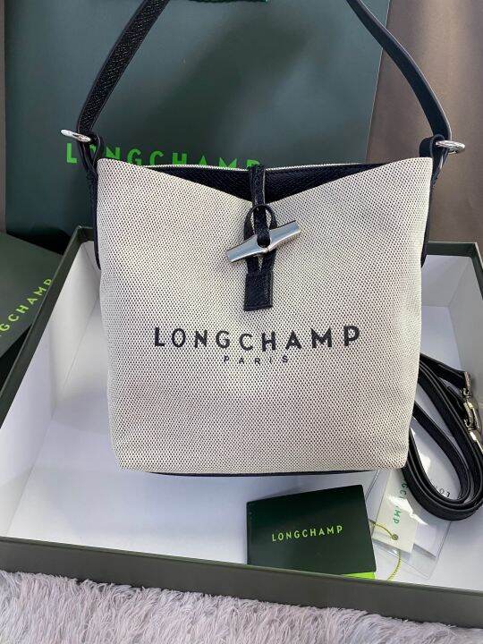 Longchamp Small Roseau Canvas Bucket Bag In Ecru