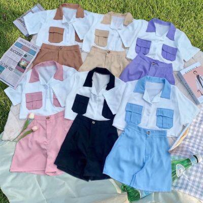 miniminey 🌈Crop Set ชุดเซ็ตสายคาเฟ่ สีทูโทนพาสเทล น่ารัก 🌈