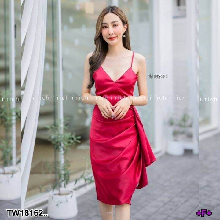 18162-dress-เดรสสายเดี่ยว-แต่งจีบระบายตรงเอว-ผ้าซาร่าเงา-มีซิปหลัง